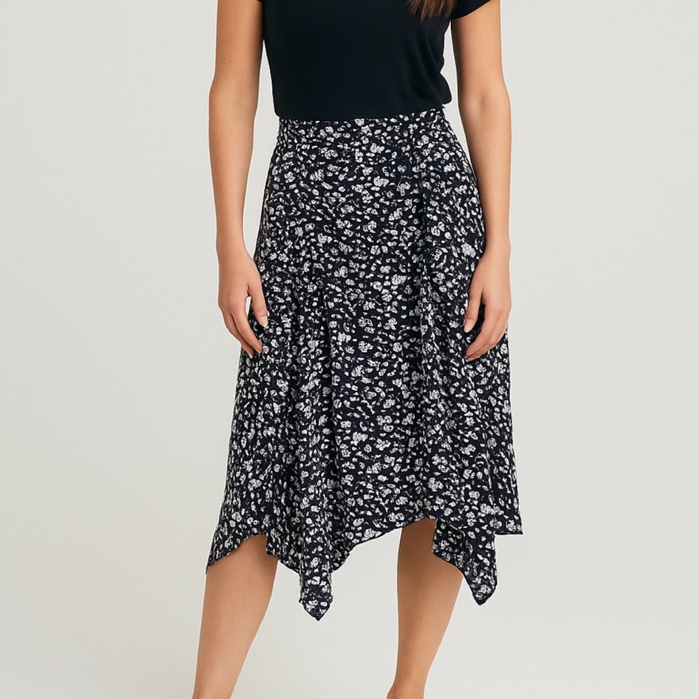 Skies Are Blue Black Floral Asymmetrical Midi Skirt Size Medium